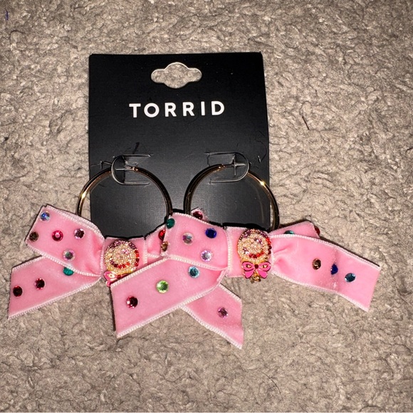 Torrid Pink Bow Hoop Earrings with Gem Accents - Picture 2 of 3